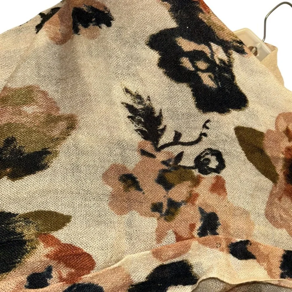 Watercolor painted flower scarf shawl khaki bone